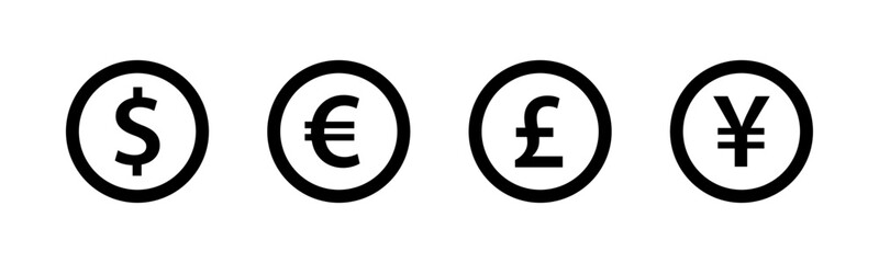 Obraz premium Currency coin icon set. Dollar, Euro, Pound, Yen, Yuan symbols
