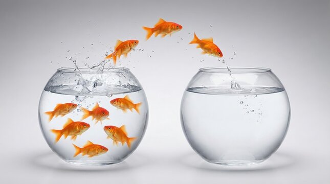 Goldfish jumping from crowded bowl to empty one,concept of change,transition,challenge,freedom,opportunity,motivation and bold move,individuality and courage