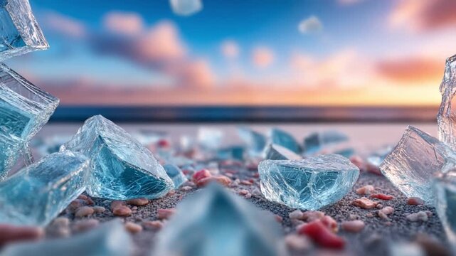 Shattered Reflection: Broken fragments of glass lie scattered across a textured surface, reflecting the soft hues of the sunset.