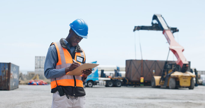 Shipping, man and writing on clipboard in yard for logistics control, commercial invoice or export. Customs officer, black person or documents for import clearance, cargo tracking or status reporting