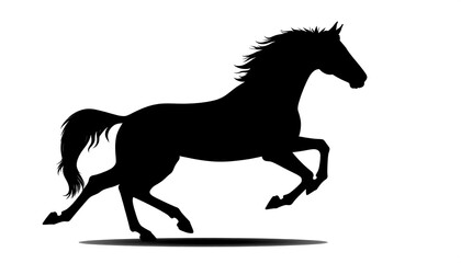 A stark black silhouette of a running horse against a clean white background. Captures grace and energy with flowing mane and tail