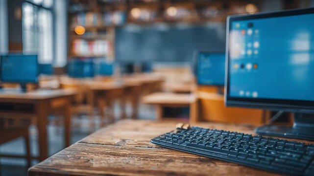 Digital Classroom: A modern classroom equipped with rows of computers sits ready for students. Focus on technology education and learning environment.