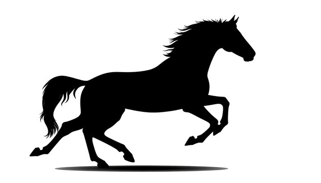 A stark black silhouette of a running horse against a clean white background. Captures grace and energy with flowing mane and tail