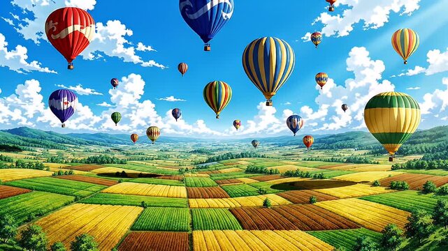 Colorful hot air balloons gracefully float above a vast patchwork of agricultural fields under a bright blue sky with scattered clouds.
