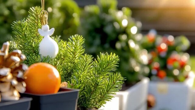Christmas decorations: A close-up shot of Christmas decorations. Focus on the Christmas tree and ornaments with blurred green background.