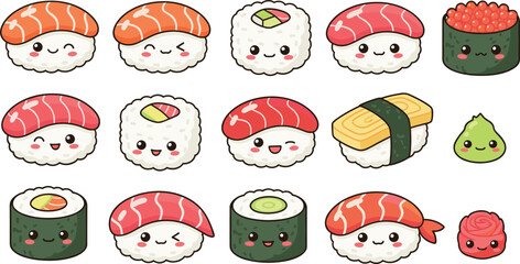 Cute Sushi Cartoon Illustration Set with Nigiri Maki Roll and Roe Characters Isolated on White Background © Abdul