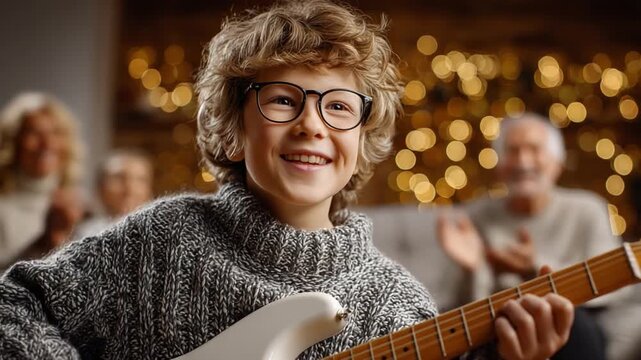 Musical Boy's Joyful Performance: A young boy, radiating joy, plays guitar in a warmly lit setting, showcasing his passion for music in a moment of pure bliss.