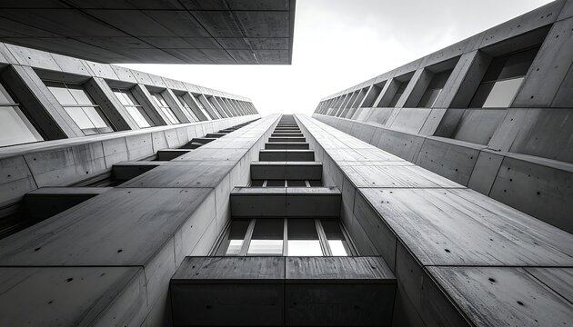 A stark, grayscale perspective of a modern architectural facade, viewed from a low angle, emphasizing verticality
