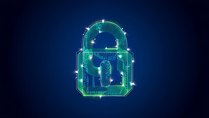 Futuristic digital padlock with glowing blue and green circuitry on dark blue background