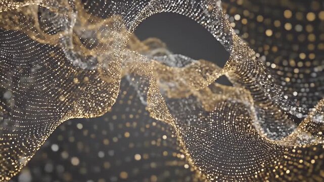A dynamic abstract pattern of shimmering golden and silver particles forming a flowing mesh against a dark background, evoking digital data streams.