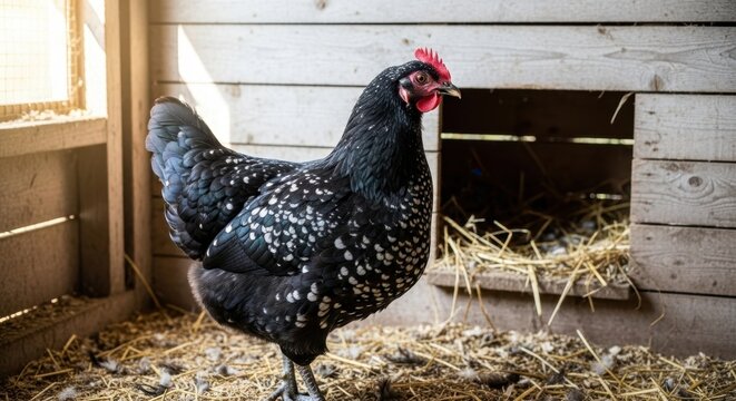 Black Australorp Chicken Standing Near Nesting Box in Coop.
