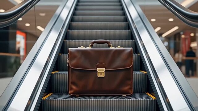 Brown Leather Business Briefcase Riding Alone on a Moving Escalator