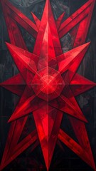 A stark vertical composition featuring a bold, geometric eight-pointed star in various shades of red, set against a dark, textured background