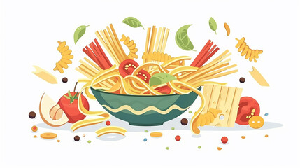 Prompt Cartoon-style pasta illustration, colorful and playful, isolated on white background, high-resolution vector, clean lines, suitable for commercial use