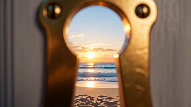 Surreal View of Sunset Beach and Ocean Waves Through a Golden Keyhole
