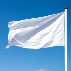 A stark white flag, rippling gently in the wind, is hoisted on a pole against a vibrant, clear, bright, blue sky, creating a minimalist composition
