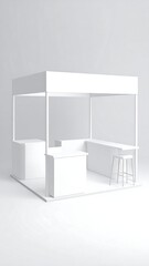A stark white, minimalist booth, rendered in 3D. Features include counters, shelving, and a stool, set against a plain backdrop