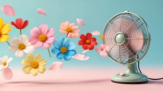 Surreal Retro Electric Fan Blowing Stream of Colorful Flowers and Petals