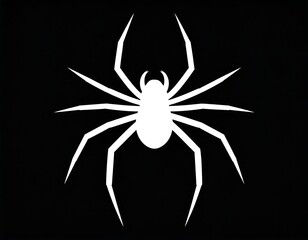 A stark white, stylized arachnid silhouette against a solid black background. The insect has eight legs, a segmented body, and a prominent head