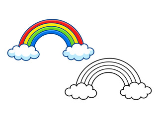 Cute vector illustration of a rainbow with clouds shown in two styles: a bright colorful rainbow and a simple black outline version, suitable for icons and playful designs.