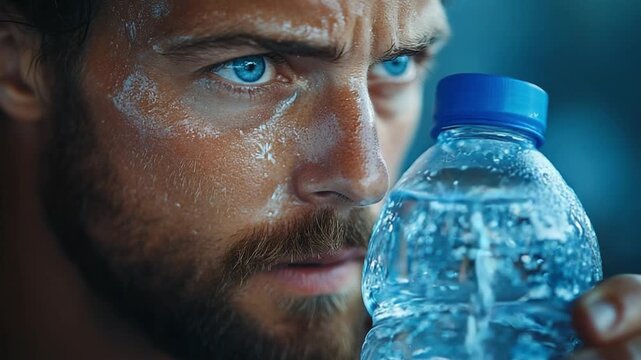 Thirst-Quenching Moment: A determined individual with intense gaze holds a refreshing water bottle, beads of sweat glistening on skin, symbolizing perseverance.