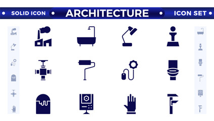 Architecture solid icons collection. Bank, temple, office, factory, shop, hotel, hospital icons. UI icon set. Apartment interior blueprint. House construction.