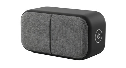 Obraz premium ブラックとグレーのファブリック素材のポータブルBluetoothスピーカー、電源ボタン付き、白背景に分離