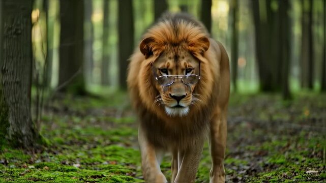 A majestic lion wearing glasses confidently struts through a vibrant green forest, embodying wisdom and a touch of surreal charm