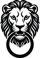Minimal vector silhouette, antique door knocker shaped like a lion&rsquo;s head, solid black, isolated on white.