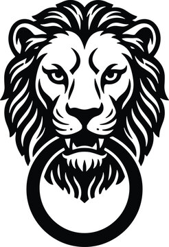 Minimal vector silhouette, antique door knocker shaped like a lion&rsquo;s head, solid black, isolated on white.