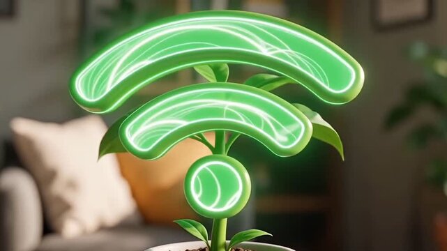 Surreal Neon WiFi Symbol Growing in Potted Plant, Green Technology Concept