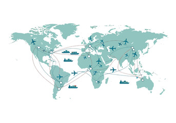 Global transportation network with airplanes and ships on a world map © Satya