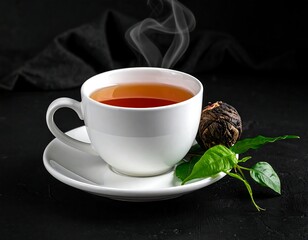 A steaming cup of amber liquid sits on a saucer with a blooming tea ball and fresh green leaves, against black backdrop
