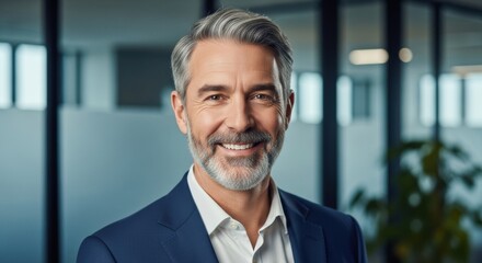 Fototapeta premium Confident Mature Businessman with Glasses Posing in Modern Office Setting
