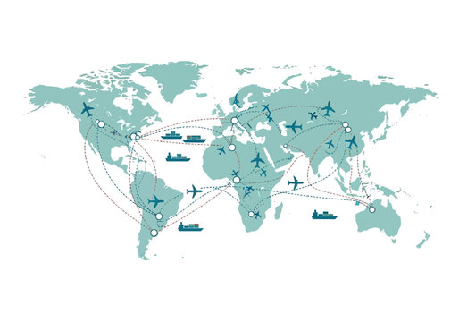 Global transportation network with airplanes and ships on a world map