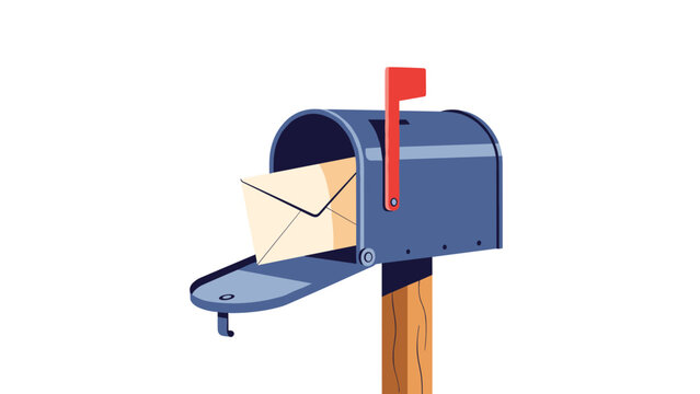 Classic blue metal mailbox on a wooden post with an open door and a white envelope waiting to be picked up.