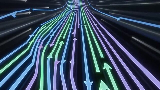 Neon Arrows Pointing in Different Directions on Road.