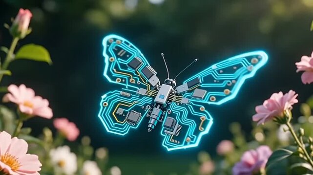 Surreal Cybernetic Butterfly Made of Circuit Boards Flying in Nature
