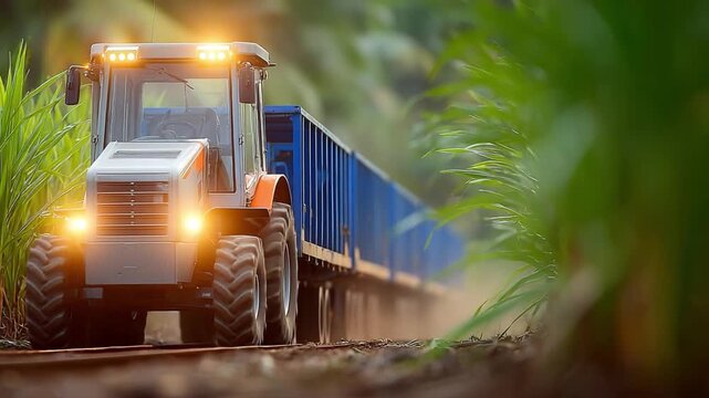 Agricultural Process: A robust tractor pulls a long trailer along a field path, highlighting the essential machinery and processes of modern farming.