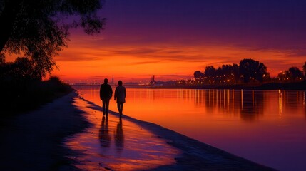 Fototapeta premium Couple taking romantic evening stroll along serene beach at sunset