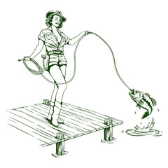 Vintage pin-up girl fishing on a wooden pier, black and white line art illustration