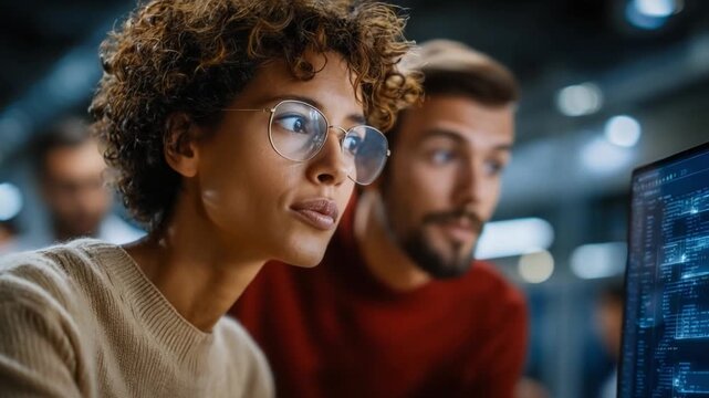 Focus and Collaboration: A pair of tech-savvy individuals are deeply engrossed in their work, analyzing data and coding on a computer screen. This image shows collaborative, focused, smart working.