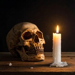 A still life of a human skull next to a lit candle, set against a dark background, resting on aged wood