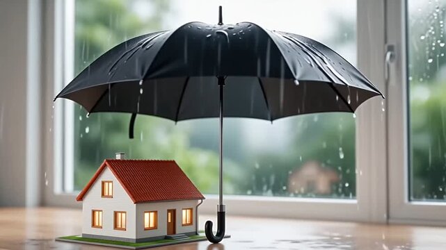 Surreal Miniature House Protected by Umbrella from Indoor Rain