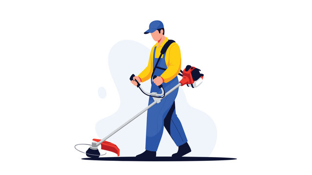Professional gardener in a blue jumpsuit using an orange string trimmer to cut grass and maintain a lawn outdoors.
