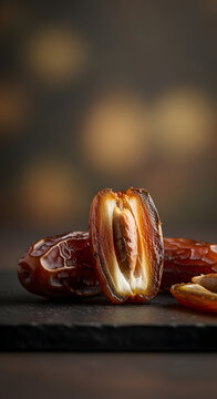 Dates on Dark Stone Surface Closeup.