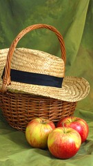 A still life of a straw hat, a woven basket, and three ripe apples, against a textured green backdrop