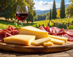 A still life of a wine glass, cheese, and cured meats on a wooden platter with a scenic vineyard and sunny background