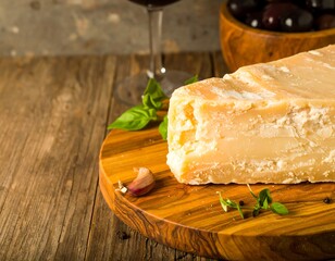 A still life of cheese, wine, and olives. A wooden board holds the cheese, basil, garlic, and pepper, enhancing the rustic feel