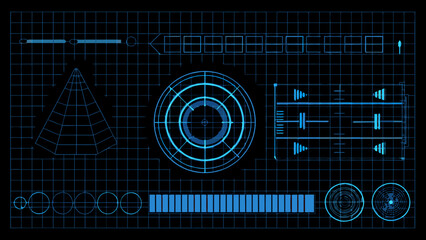 Obraz premium Abstract blue holographic interface with geometric shapes and targeting system